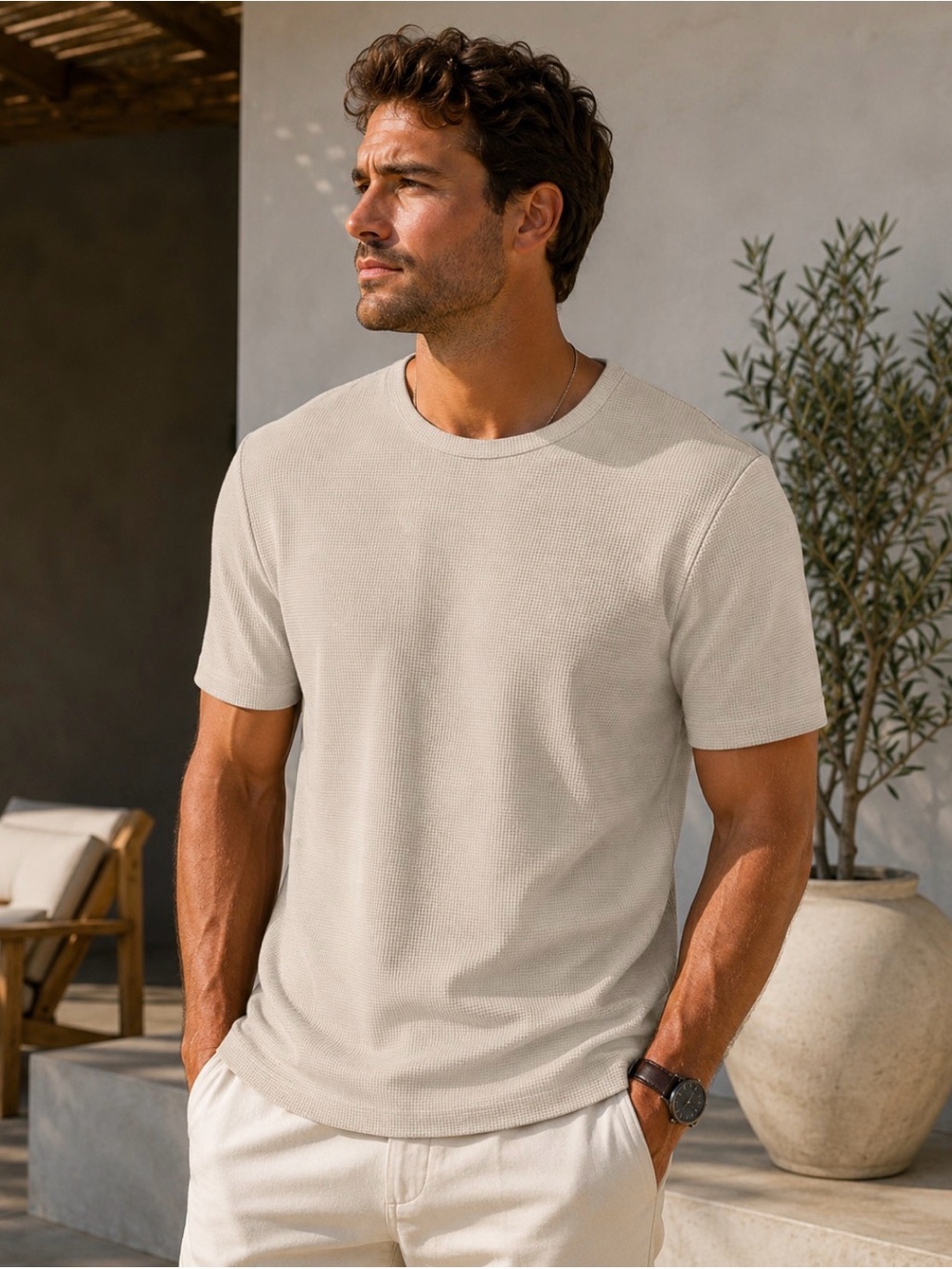 Men’s Waffle Knit Crew Neck Tee | Light Beige Coastal Summer Shirt 🤍